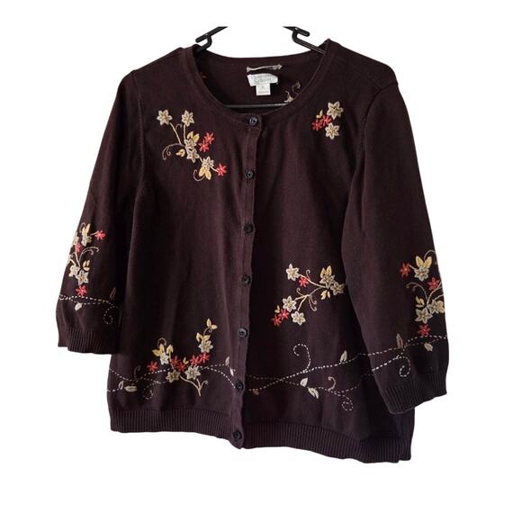VTG Christopher & Banks XL Hand Embroidered Cardigan Fall Brown Floral - Picture 1 of 7